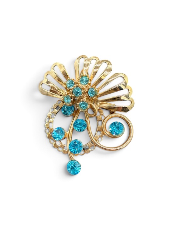 Vintage Jewelry - Vintage Mid-Century Gold-Tone Brooch with Aqua Blue Stones & Necklace Bail